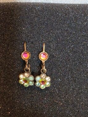Michal Negrin Pink and Green Crystal Flower Drop Earrings